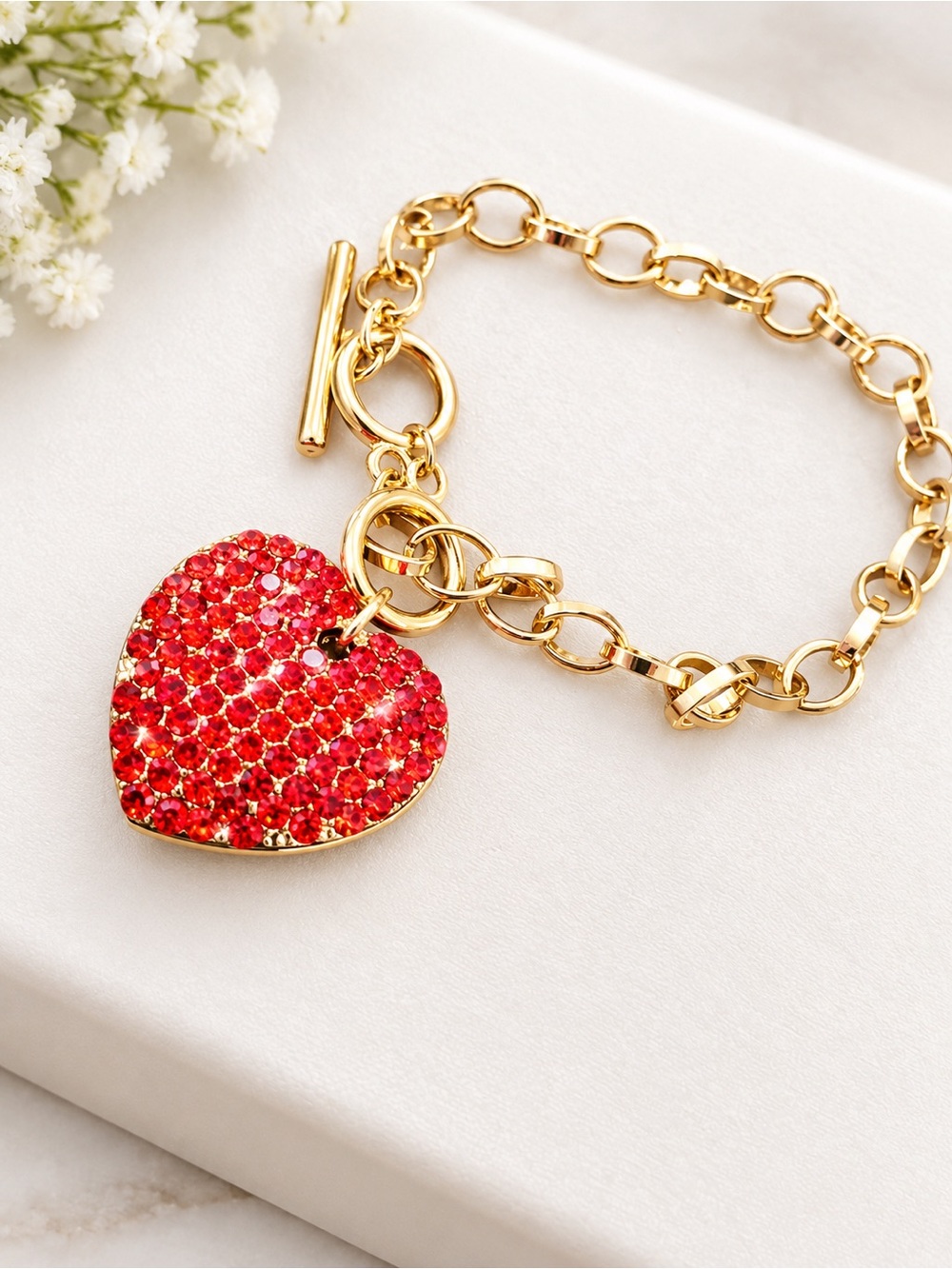 Gold Chain Bracelet with Red Crystal Heart Charm